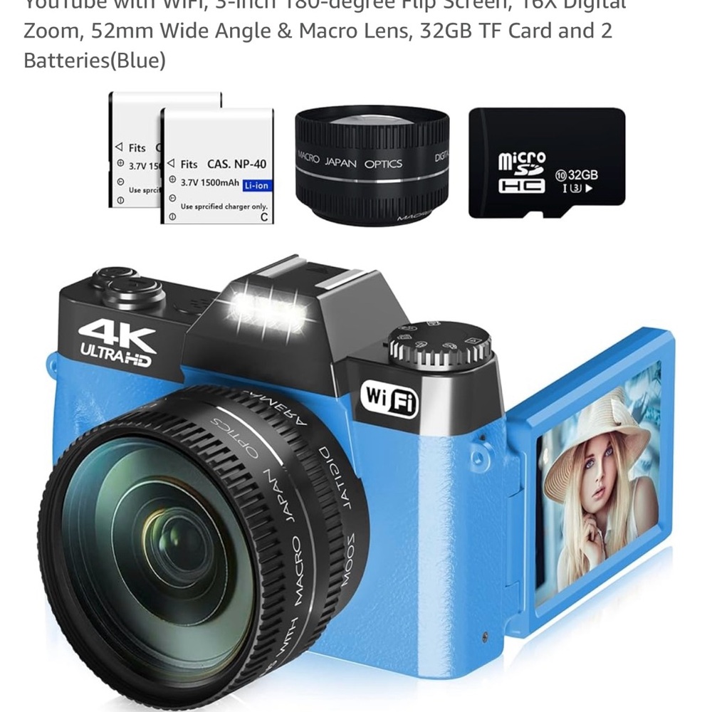 Blue Digital Camera with 4K Video and Flip Screen